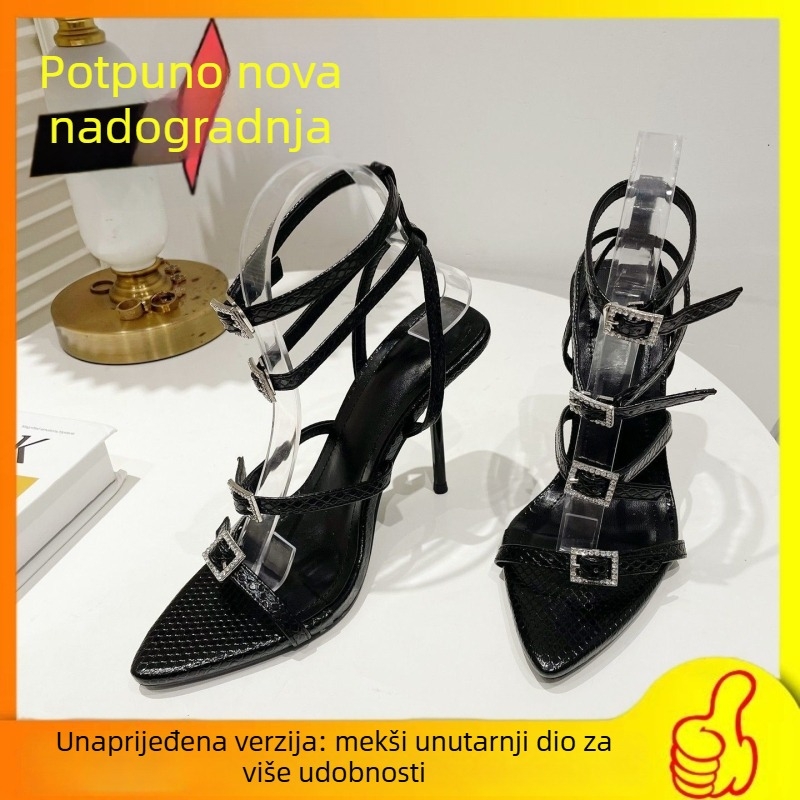 Sandale s jednim remenom i kristalima, gornji PU, unutarnji PU, oštar nos, klinasti potpetica