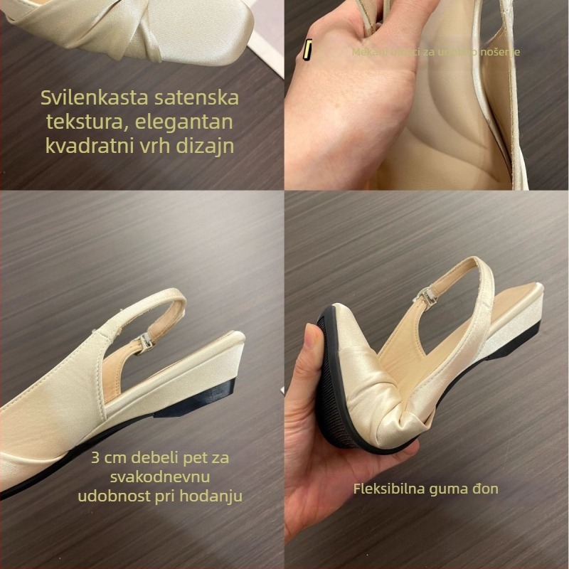 Sandale s zatvorenim nosom i stražnjom trakom, satenska mašnica, kvadratni vrh, korejski stil, gumena potplata