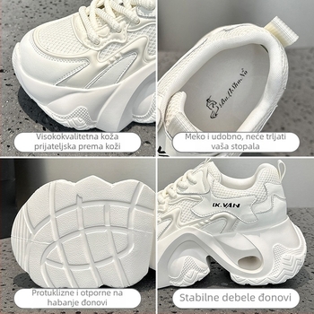 Ženske chunky tenisice od prave kože, okrugli vrh, srednje visine potplata 3–5 cm, prozračna mreža u unutrašnjosti, PVC đon