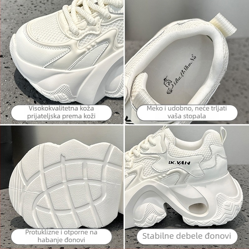 Ženske chunky tenisice od prave kože, okrugli vrh, srednje visine potplata 3–5 cm, prozračna mreža u unutrašnjosti, PVC đon