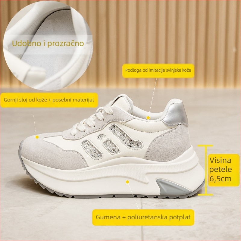 Ženske tenisice s debelim đonom i platformom, gornjište od prve sloje svinjske kože, color-block uzorak, platforma 6–8 cm, ručna izrada, zatvaranje vezicama