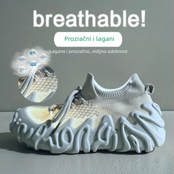 Ženske sportske casual tenisice s prozračnim fly weave gornjim dijelom, prednje vezivanje, gumeni potplat, srednja peta 3–5 cm, ljeto