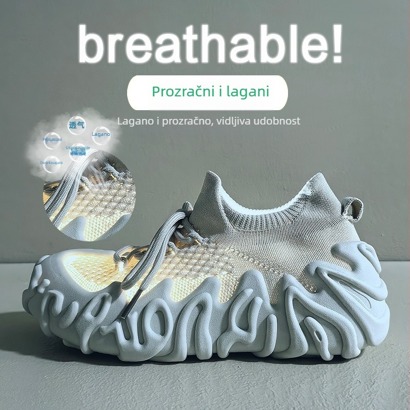 Ženske sportske casual tenisice s prozračnim fly weave gornjim dijelom, prednje vezivanje, gumeni potplat, srednja peta 3–5 cm, ljeto