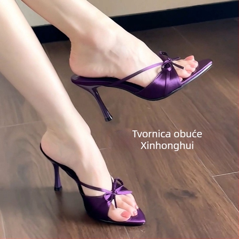 Stiletto sandale s otvorenim prstom, oštar nos, mašna, srednja visina pete 3-6 cm, PU potplat, ljeto 2025