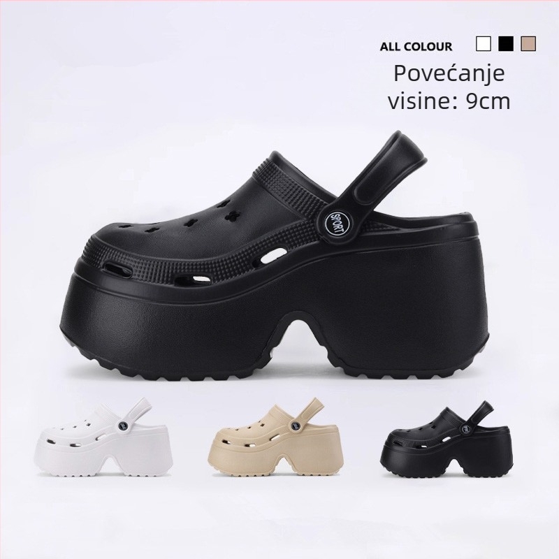Cleotk ženske Crocs-stil platform sandale za vanjsku upotrebu, EVA gornji dio i EVA potplat; visina platforme 9 cm; debljina potplata 8 cm; prozračne i protuklizavajuće.