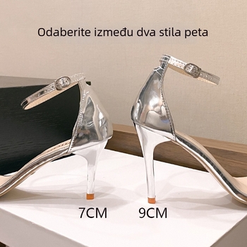 Remenaste sandale s kristalima, okrugli vrh, 6–8 cm tanka potpetica, PU podstava, gumeni potplat