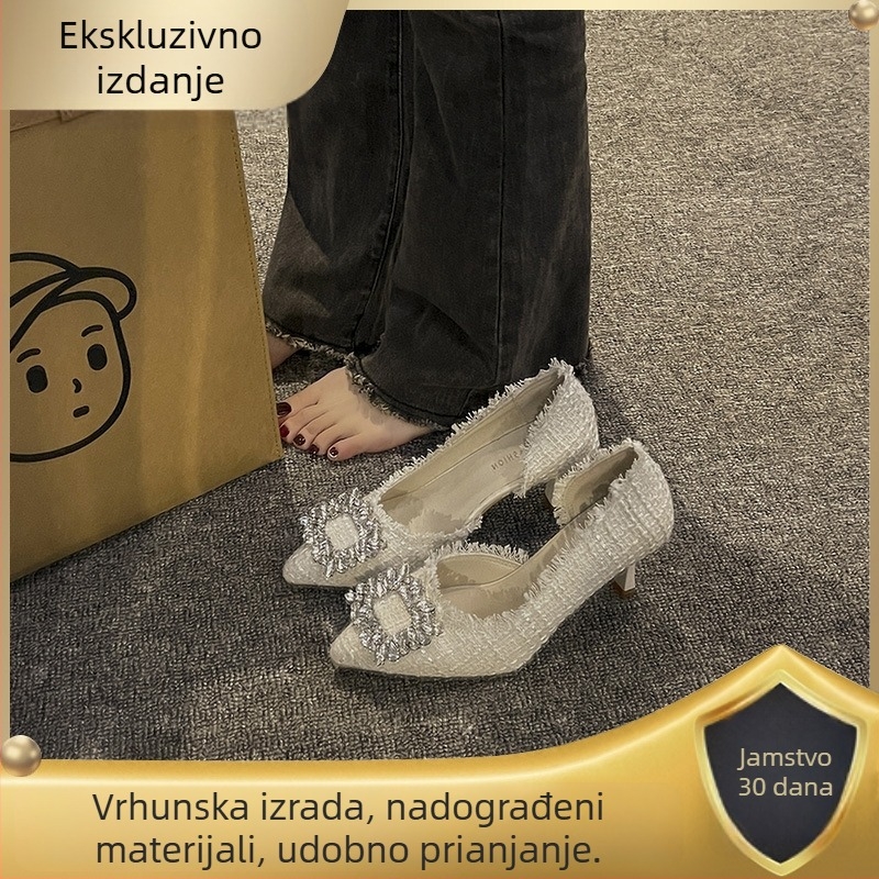 Ženske štikle s oštrim nosom, kristali, PU gornji dio, guma potplat, visina pete 3–6 cm