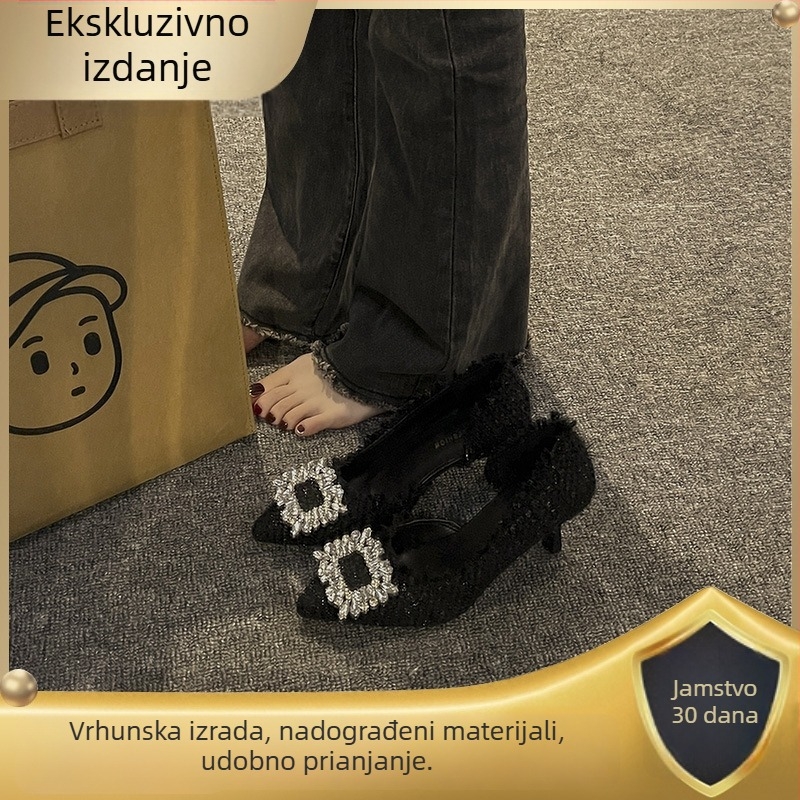 Ženske štikle s oštrim nosom, kristali, PU gornji dio, guma potplat, visina pete 3–6 cm