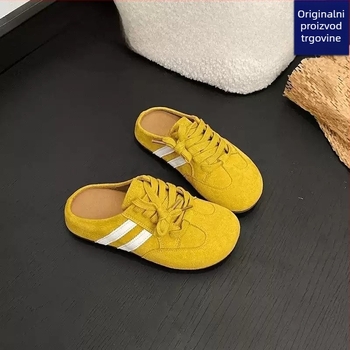 Ženske vanjske papuče – proljeće/ljeto 2025, moderan retro stil, debeli potplat, casual. Gornji materijal: mikrovlatna koža; Unutarnji materijal: mreža; Potplat: kompozit; Debljina potplata: 0–3 cm; Prozračnost, lagane, protuklizne.