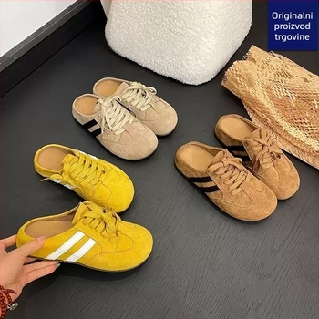 Ženske vanjske papuče – proljeće/ljeto 2025, moderan retro stil, debeli potplat, casual. Gornji materijal: mikrovlatna koža; Unutarnji materijal: mreža; Potplat: kompozit; Debljina potplata: 0–3 cm; Prozračnost, lagane, protuklizne.