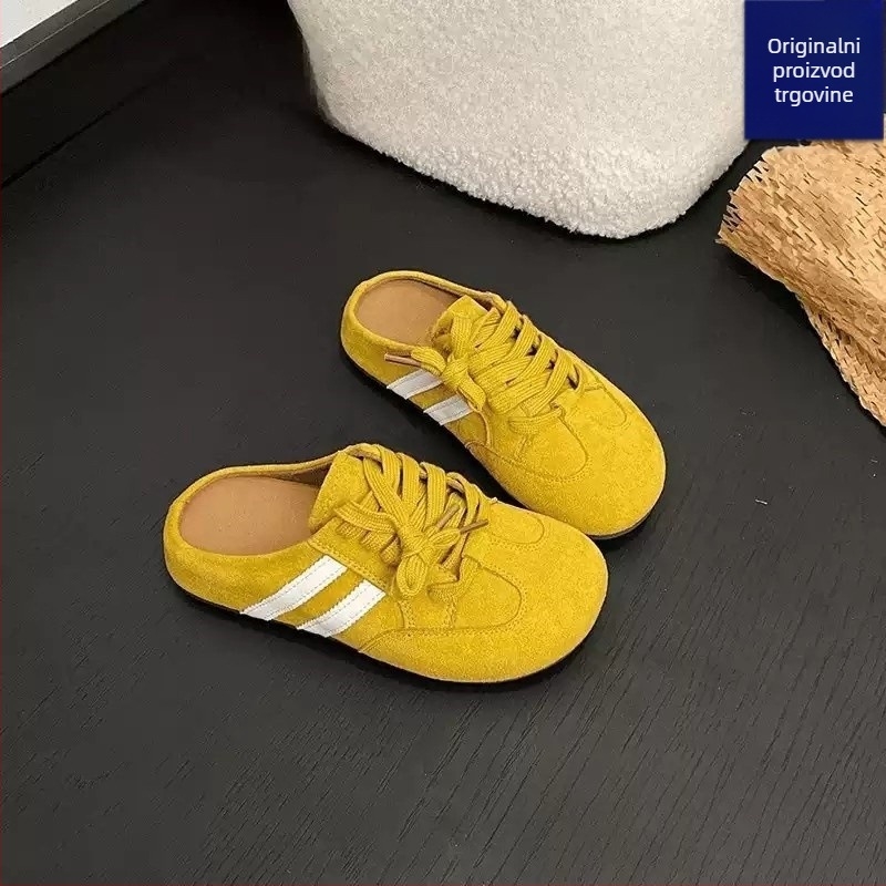 Ženske vanjske papuče – proljeće/ljeto 2025, moderan retro stil, debeli potplat, casual. Gornji materijal: mikrovlatna koža; Unutarnji materijal: mreža; Potplat: kompozit; Debljina potplata: 0–3 cm; Prozračnost, lagane, protuklizne.
