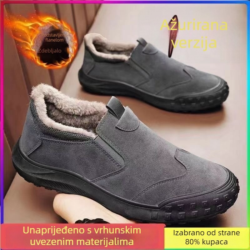 Muške kućne papuče slip-on, s gornjim dijelom od antilopa, plišanom podstavom i debelom potplatom za zimsku toplinu