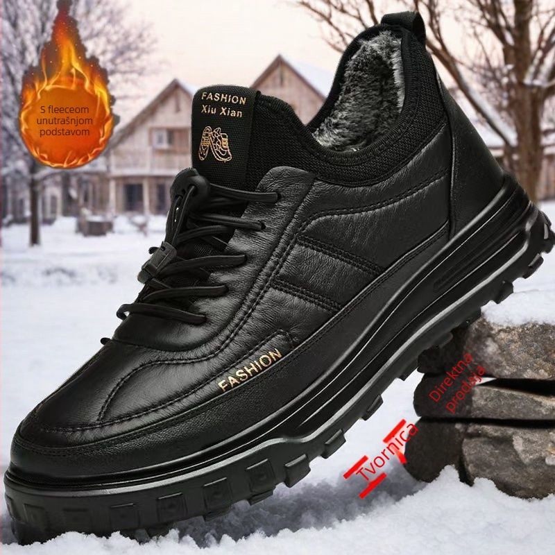 Muške zimske papuče za kuću, s fleece unutrašnjošću, slip-on dizajn, gornji dio od umjetne PU, debela protuklizna potplata