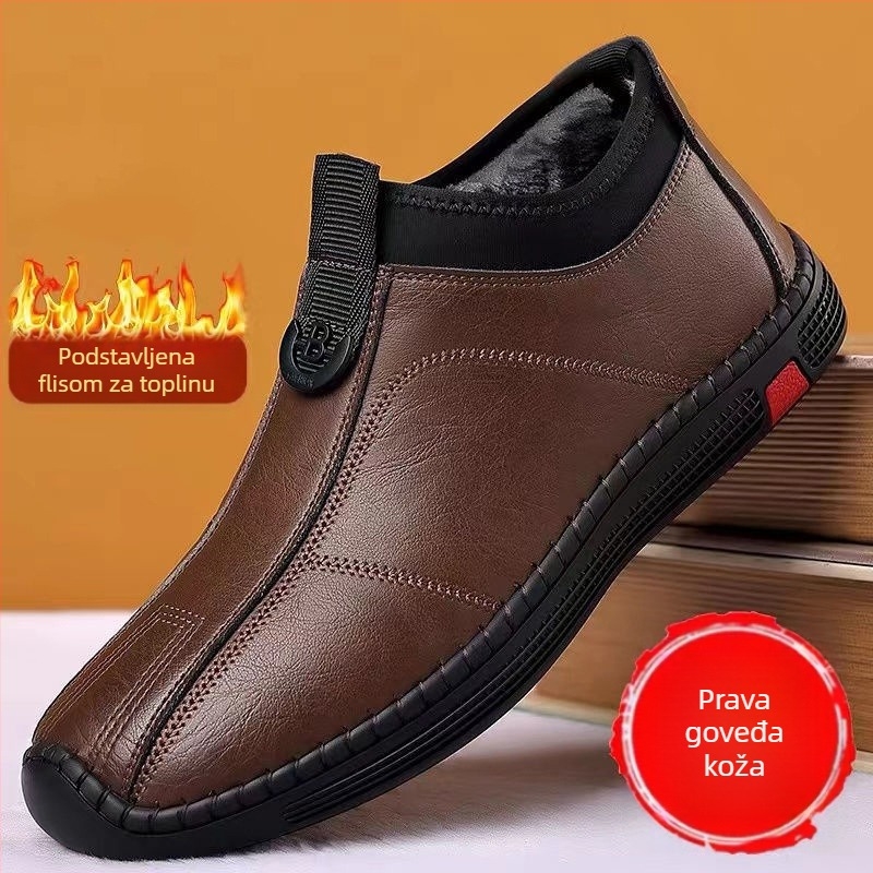 Muške kožne papuče za zimu, s fleec podstavom, slip-on, gumena potplata