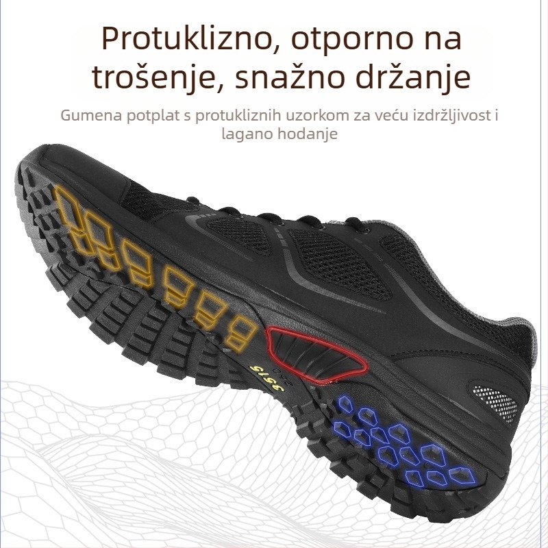Muške planinarske tenisice – prozračni gornji dio od platna, protivklizna gumena potplat, visok vrat, vezanje šnurkama, mrežasti unutarnji dio