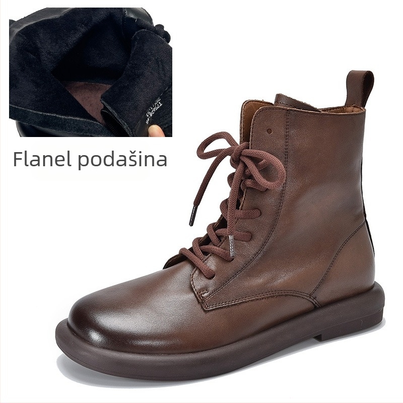 Martin čizme, gornji dio od kože prvog sloja teleće kože, gumeni potplat, okrugli vrh, niski kvadratni potpetica 1–3 cm, bočni zatvarač