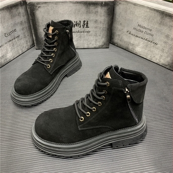 Martin čizme za muškarce, nubuk gornji dio, gumeni potplat, zima, britanski stil, visoko krojene, peta 3-5 cm