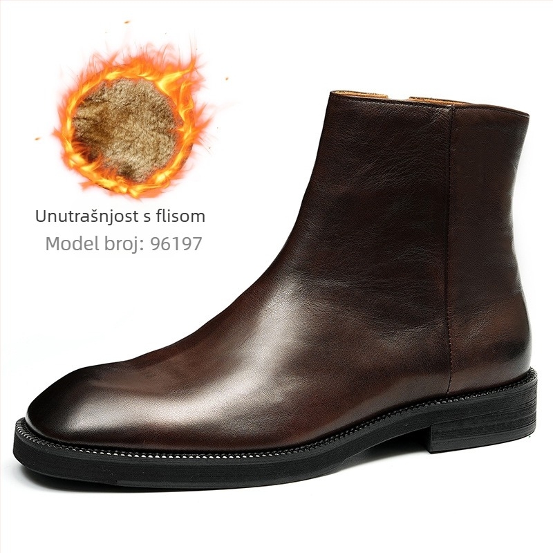 Chelsea čizme, vintage stil, zimski model srednje visine, gornji dio od kože prvog sloja krave; podstava od prirodne kože; ulošak od prirodne kože; gumeni potplat; visina pete niska 1-3 cm
