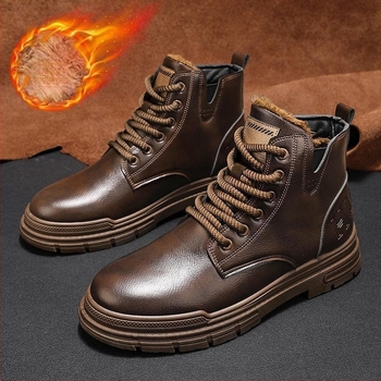 Muške Martin čizme – zimske kožne čizme s fleec podstavom, srednje visoko, gumena potplat, prednje vezivanje šnalama