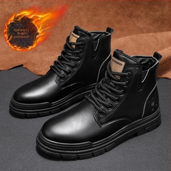 Muške Martin čizme – zimske kožne čizme s fleec podstavom, srednje visoko, gumena potplat, prednje vezivanje šnalama