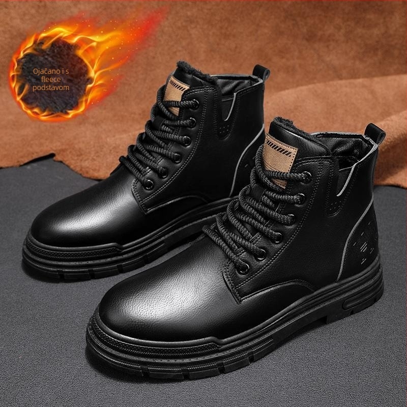 Muške Martin čizme – zimske kožne čizme s fleec podstavom, srednje visoko, gumena potplat, prednje vezivanje šnalama