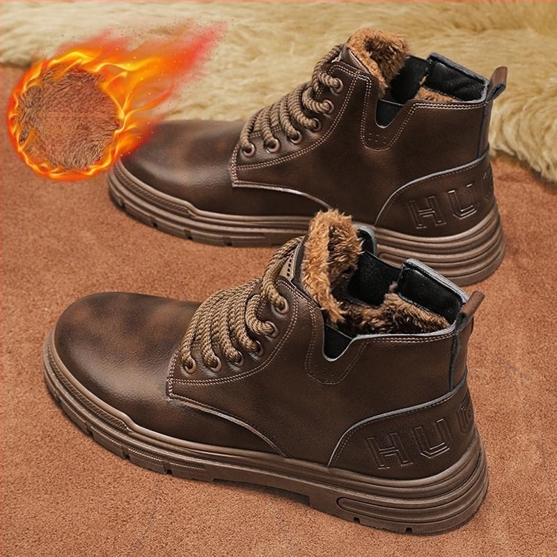 Muške Martin čizme – zimske kožne čizme s fleec podstavom, srednje visoko, gumena potplat, prednje vezivanje šnalama