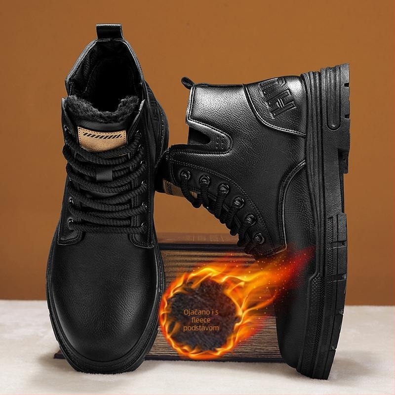 Muške Martin čizme – zimske kožne čizme s fleec podstavom, srednje visoko, gumena potplat, prednje vezivanje šnalama