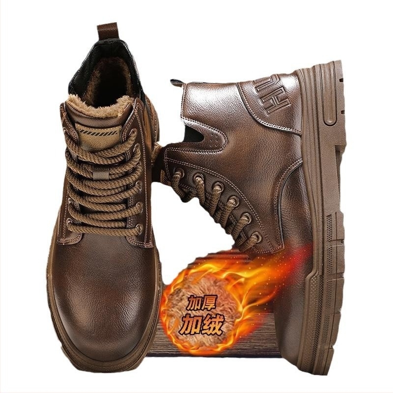 Muške Martin čizme – zimske kožne čizme s fleec podstavom, srednje visoko, gumena potplat, prednje vezivanje šnalama