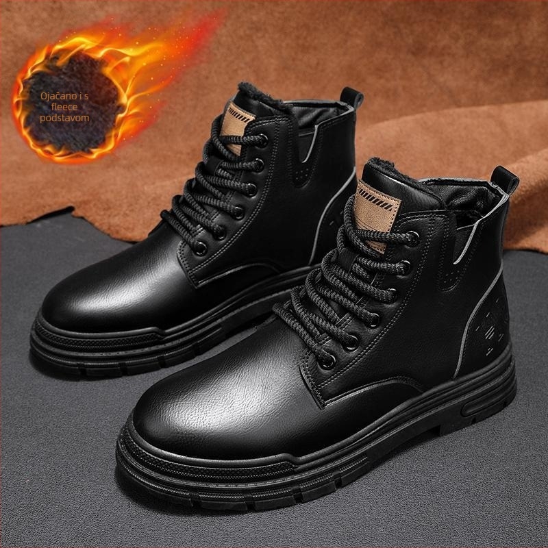Muške Martin čizme – zimske kožne čizme s fleec podstavom, srednje visoko, gumena potplat, prednje vezivanje šnalama