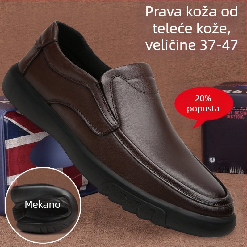 Muški kožni loafer slip-on, gornji dio od split kože, PU uložak, gumena potplata, niski pet 1–3 cm, prozračan, protuklizni