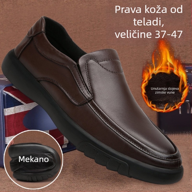 Muški kožni loafer slip-on, gornji dio od split kože, PU uložak, gumena potplata, niski pet 1–3 cm, prozračan, protuklizni