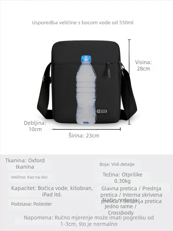 Muška torba preko ramena za poslovna putovanja, Oxford tkanina, podstava poliester, uzorak slova, otporna na habanje.