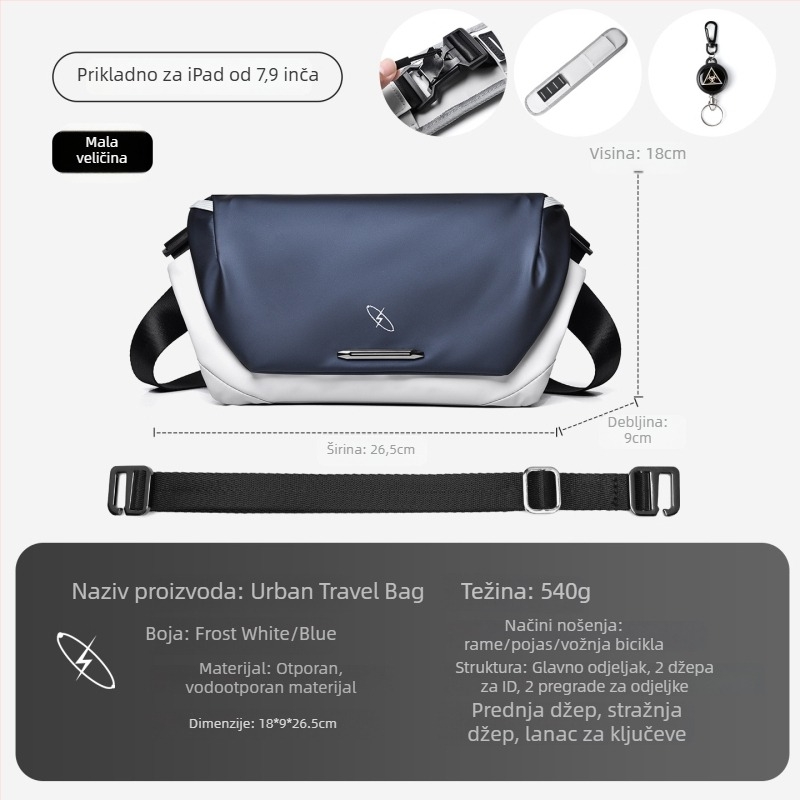 Muška torba preko ramena - najlon, otporna na habanje, gradski minimalistički stil, jednobojni uzorak, podstava od poliestera