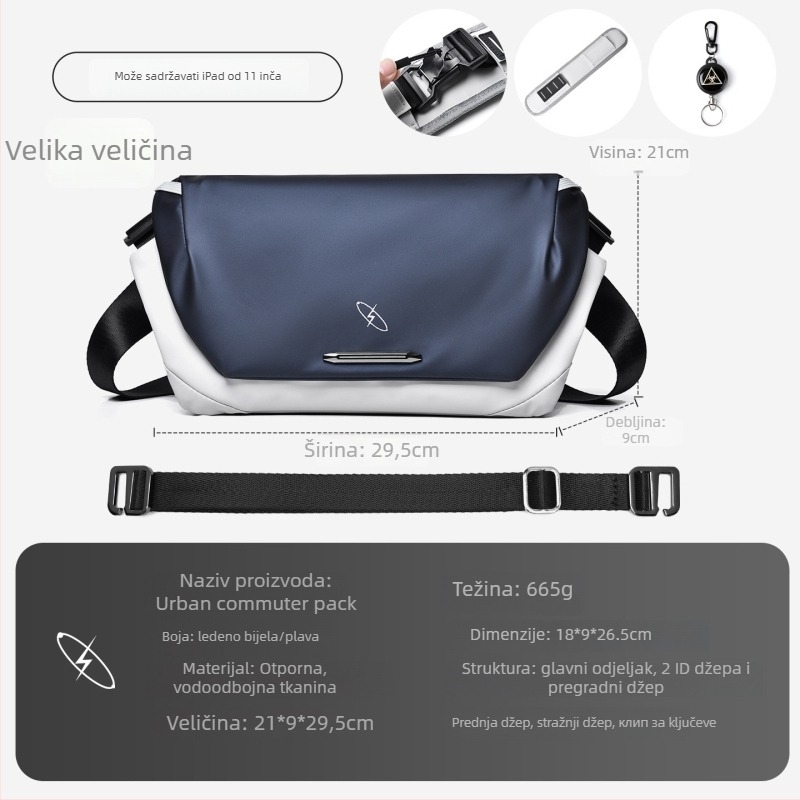 Muška torba preko ramena - najlon, otporna na habanje, gradski minimalistički stil, jednobojni uzorak, podstava od poliestera