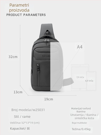 Vodootporna muška crossbody torba, Oxford platno, zatvarač, džepovi za laptop/telefon/ID, uspravni kvadratni oblik, model W25031