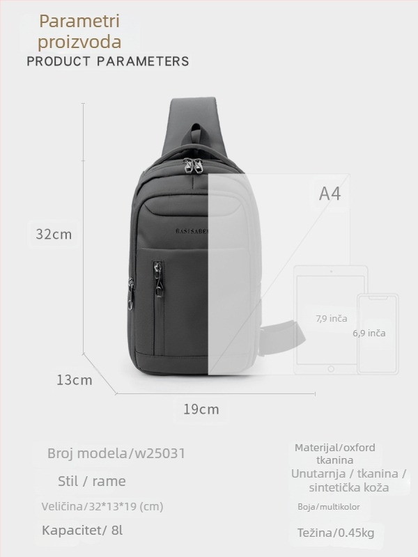 Vodootporna muška crossbody torba, Oxford platno, zatvarač, džepovi za laptop/telefon/ID, uspravni kvadratni oblik, model W25031