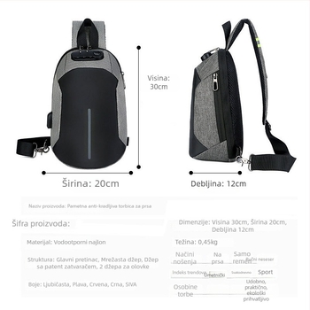 Muška chest bag s protiv krađe, USB punjenjem, vodootporna, casual/poslovni stil; Materijal: Oxford platno; Zatvaranje: zip; Unutarnje: džep sa zipom i džep za laptop; Veličina: Srednja; Podstava: Najlon