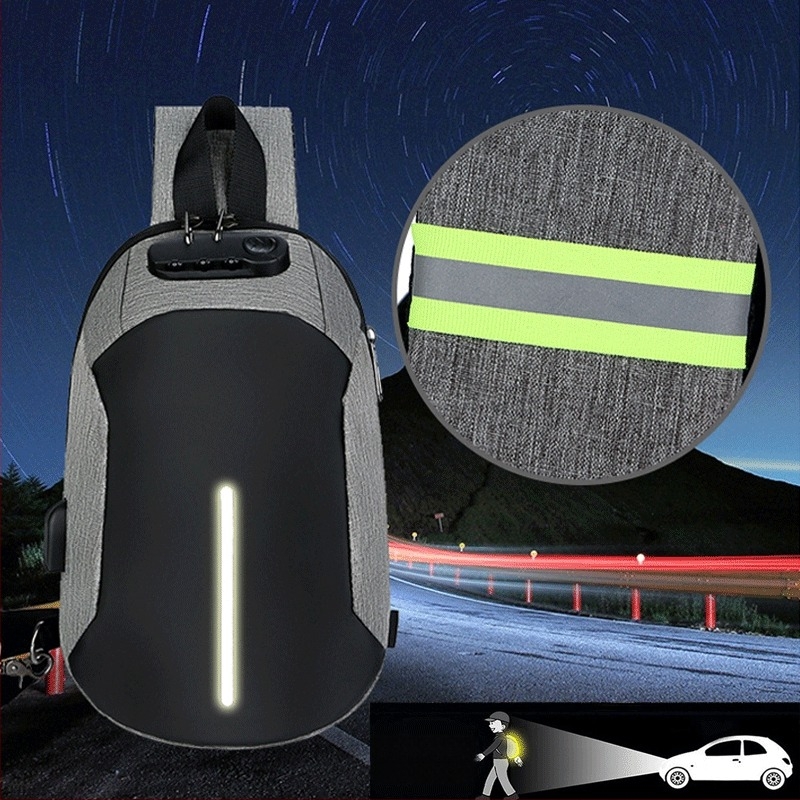 Muška chest bag s protiv krađe, USB punjenjem, vodootporna, casual/poslovni stil; Materijal: Oxford platno; Zatvaranje: zip; Unutarnje: džep sa zipom i džep za laptop; Veličina: Srednja; Podstava: Najlon