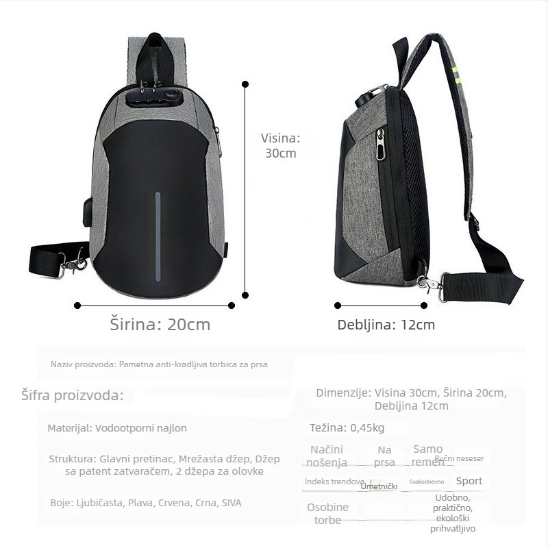 Muška chest bag s protiv krađe, USB punjenjem, vodootporna, casual/poslovni stil; Materijal: Oxford platno; Zatvaranje: zip; Unutarnje: džep sa zipom i džep za laptop; Veličina: Srednja; Podstava: Najlon