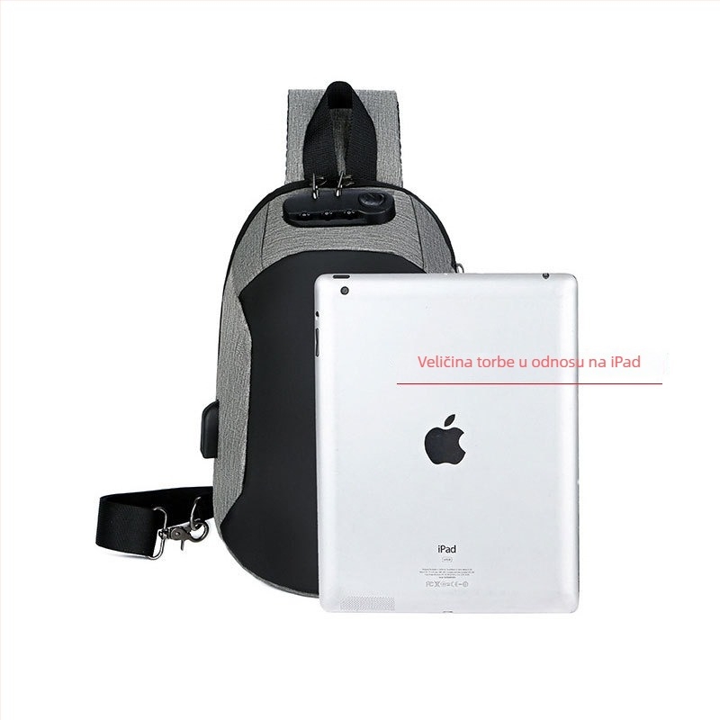 Muška chest bag s protiv krađe, USB punjenjem, vodootporna, casual/poslovni stil; Materijal: Oxford platno; Zatvaranje: zip; Unutarnje: džep sa zipom i džep za laptop; Veličina: Srednja; Podstava: Najlon