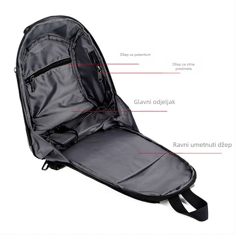 Muška chest bag s protiv krađe, USB punjenjem, vodootporna, casual/poslovni stil; Materijal: Oxford platno; Zatvaranje: zip; Unutarnje: džep sa zipom i džep za laptop; Veličina: Srednja; Podstava: Najlon