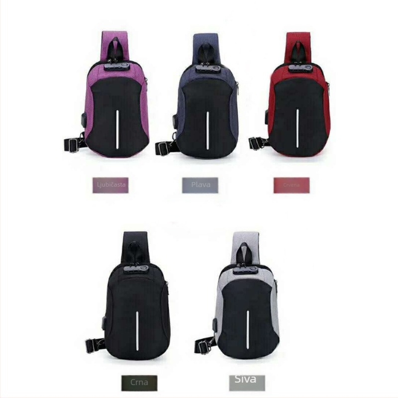 Muška chest bag s protiv krađe, USB punjenjem, vodootporna, casual/poslovni stil; Materijal: Oxford platno; Zatvaranje: zip; Unutarnje: džep sa zipom i džep za laptop; Veličina: Srednja; Podstava: Najlon