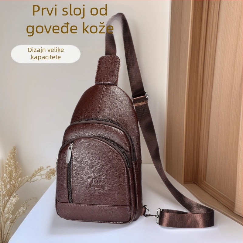 Muška torbica za prsa od prave kože, gradski stil, prvi sloj kože, proširiva kapacitet