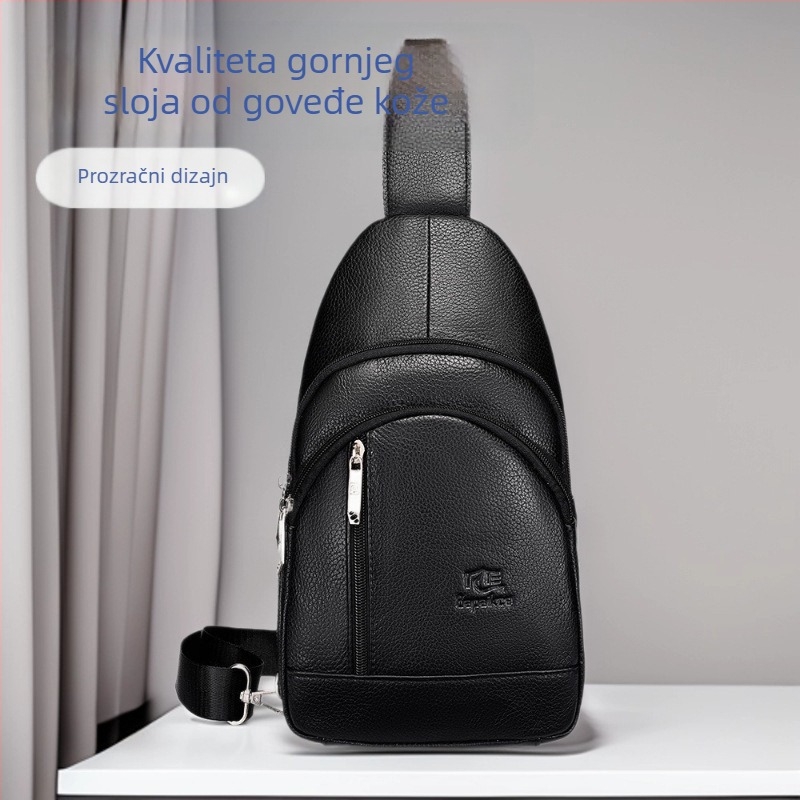 Muška torbica za prsa od prave kože, gradski stil, prvi sloj kože, proširiva kapacitet