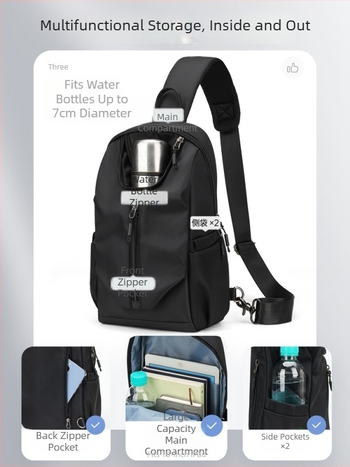Muška torbica za prsa s crossbody remenom za putovanja i svakodnevnu upotrebu, velika kapaciteta, džep za bocu vode
