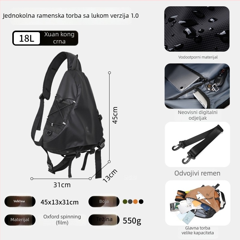 Muška crossbody torba za putovanja, veliki kapacitet, Oxford platno, prozračna, vodootporna i antibakterijska, podstava od poliester, TANGCOOL