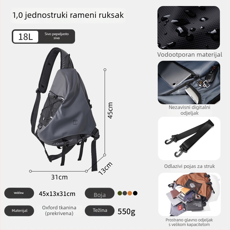 Muška crossbody torba za putovanja, veliki kapacitet, Oxford platno, prozračna, vodootporna i antibakterijska, podstava od poliester, TANGCOOL
