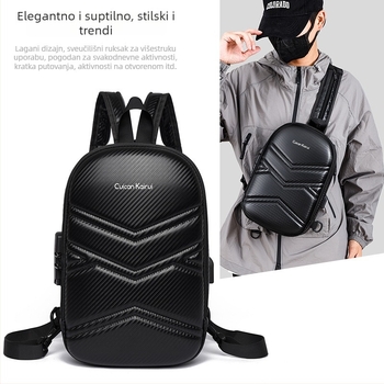 Muška prsna torba - ulični trend, tekstura karbonskih vlakana, prugasti uzorak, poliester podstava, USB priključak, otporna na habanje, zaštita od krađe