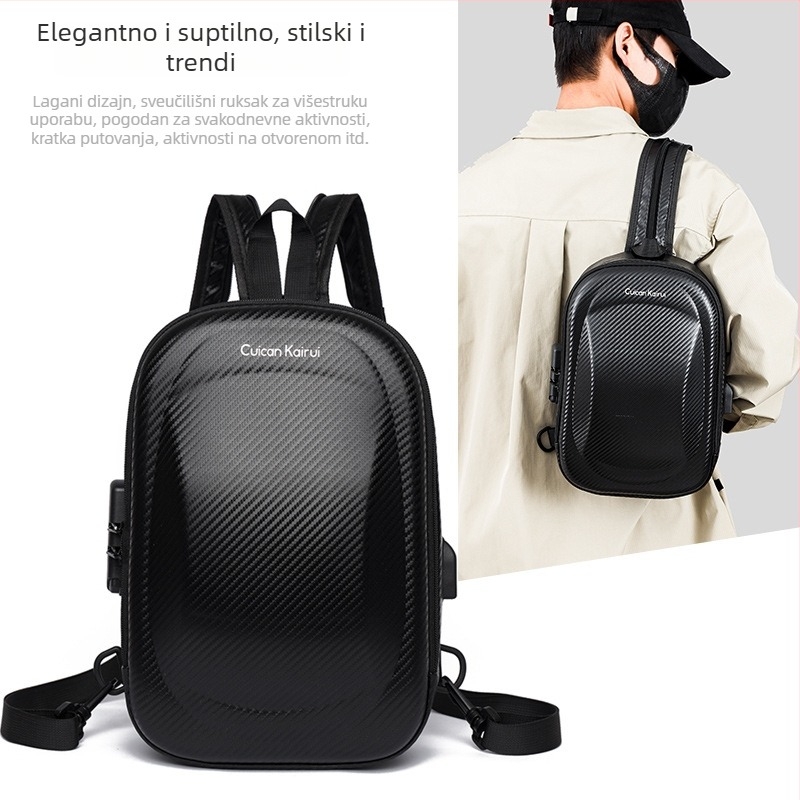 Muška prsna torba - ulični trend, tekstura karbonskih vlakana, prugasti uzorak, poliester podstava, USB priključak, otporna na habanje, zaštita od krađe