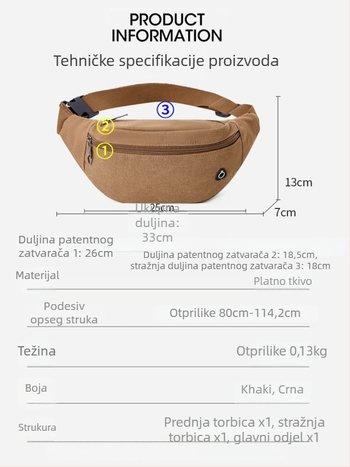 Muška platnena torbica za pojas, s više pretinaca, otporna na habanje, za rekreaciju i putovanja (platno; otporna na habanje; više pretinaca; rekreacija/putovanja)
